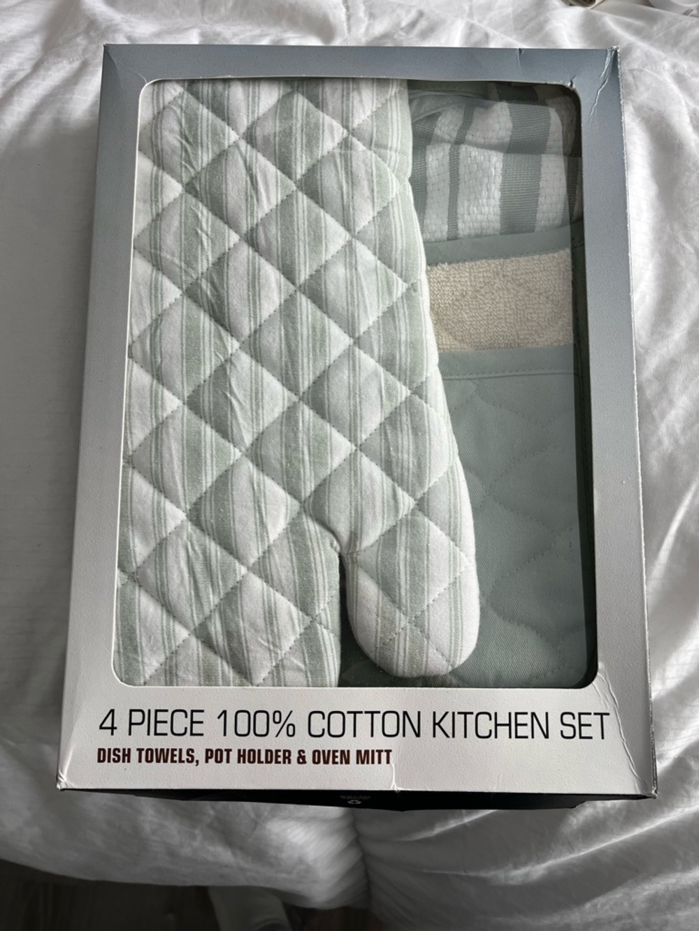 4-Piece Cotton Kitchen Set - Sage Green & White Striped